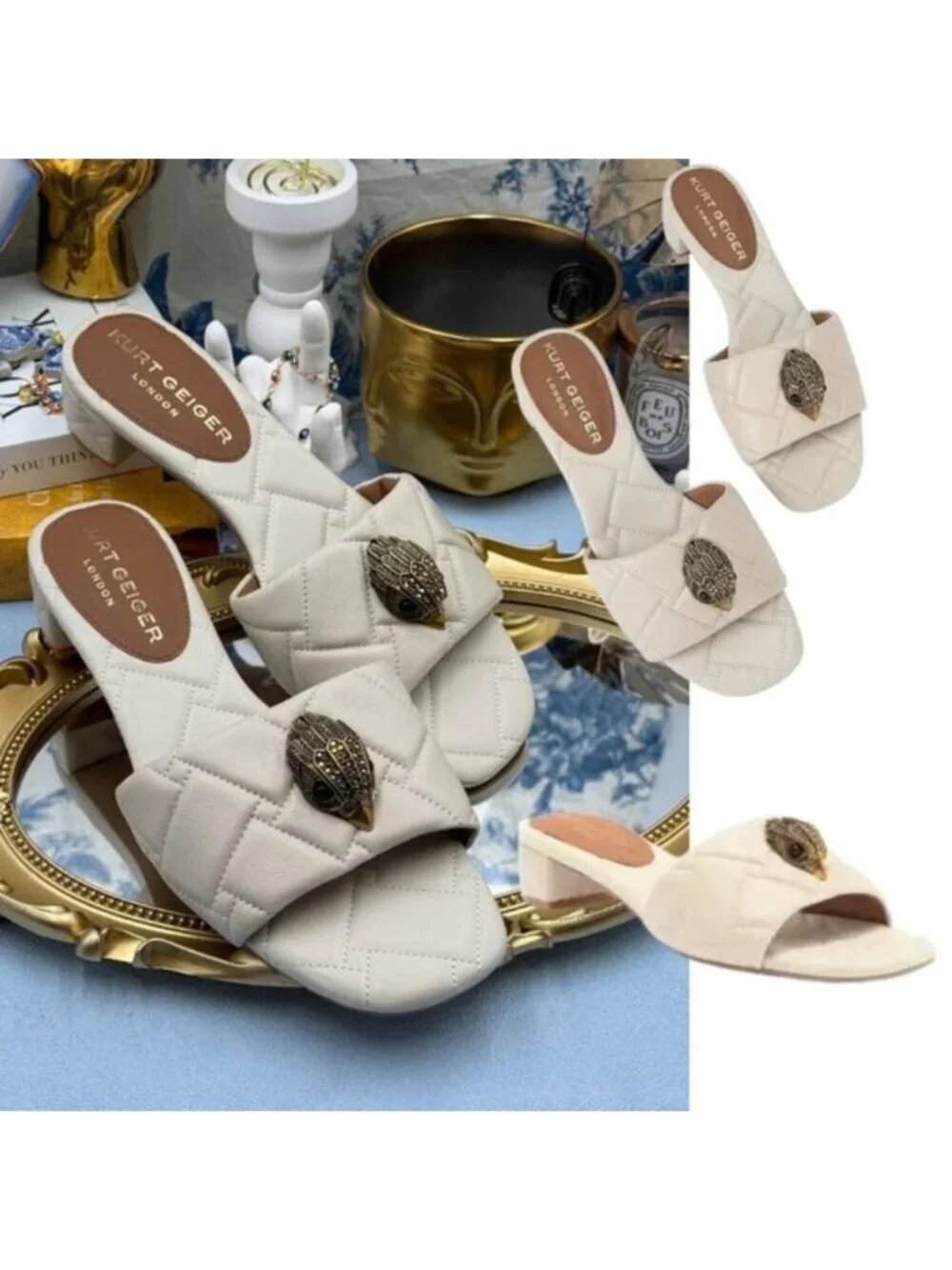 🆕 KURT GEIGER LONDON 🧿 NWOB Kensington Cream Quilted Block Heel Sandals Sz 7.5